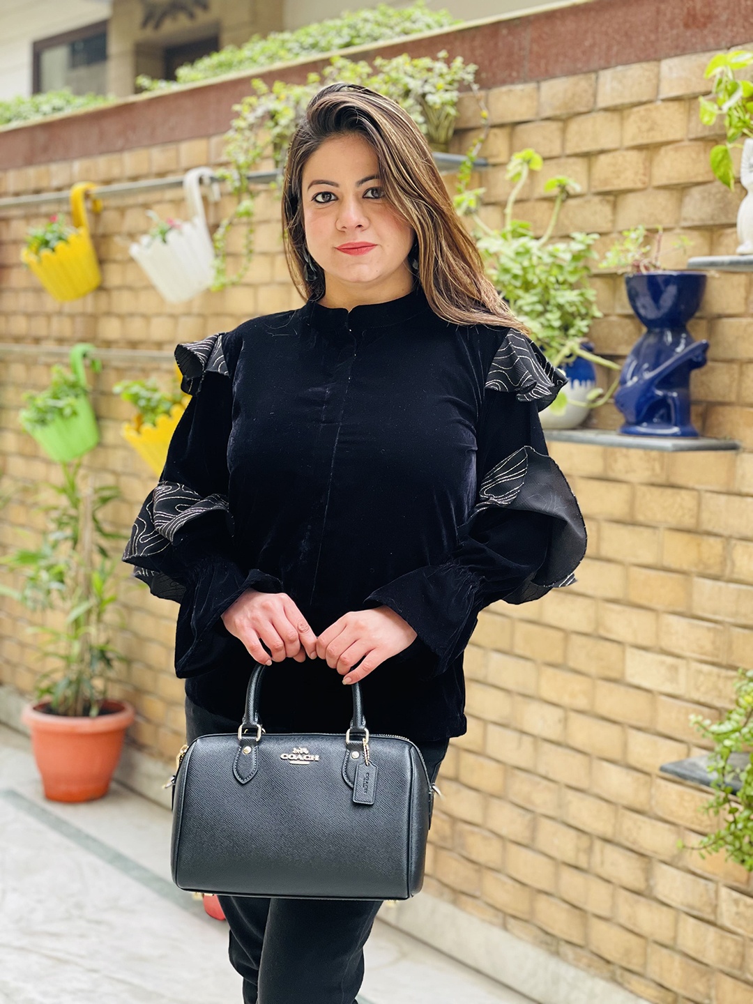 

LAKHINA COUTURE Mandarin Collar Puff Sleeve Top, Black