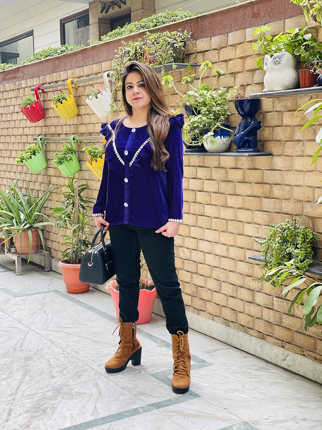 

LAKHINA COUTURE Round Neck Long Sleeves Ruffles Shirt Style Top, Navy blue
