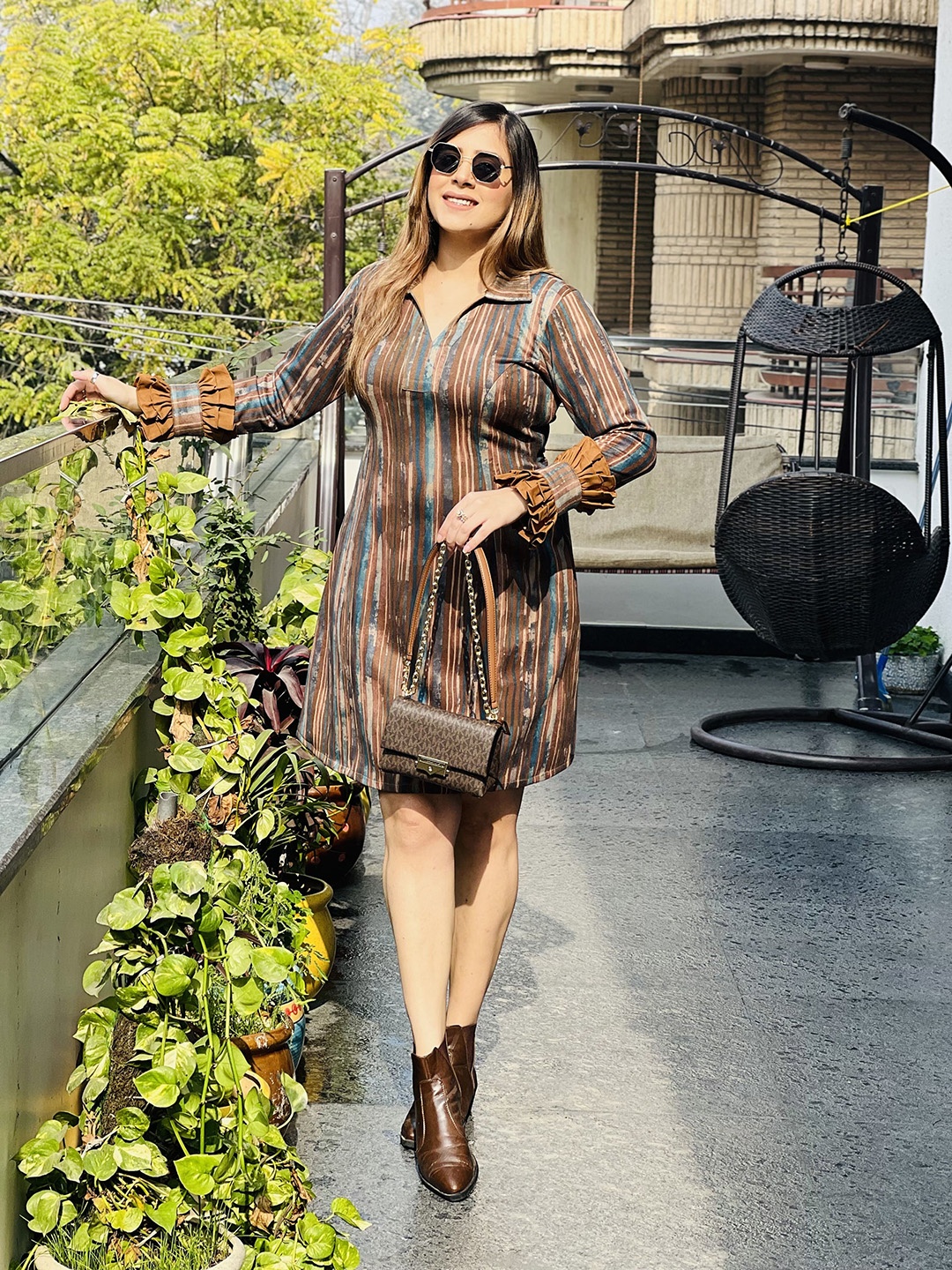 

LAKHINA COUTURE Striped Shirt Collar Cuffed Sleeves Suede A-Line Dress, Brown