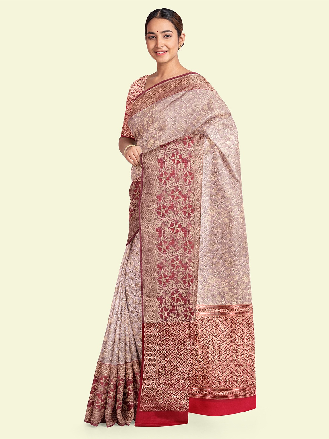 

Muskan Fashion Ethnic Motifs Woven Design Zari Tissue Banarasi Saree, Pink