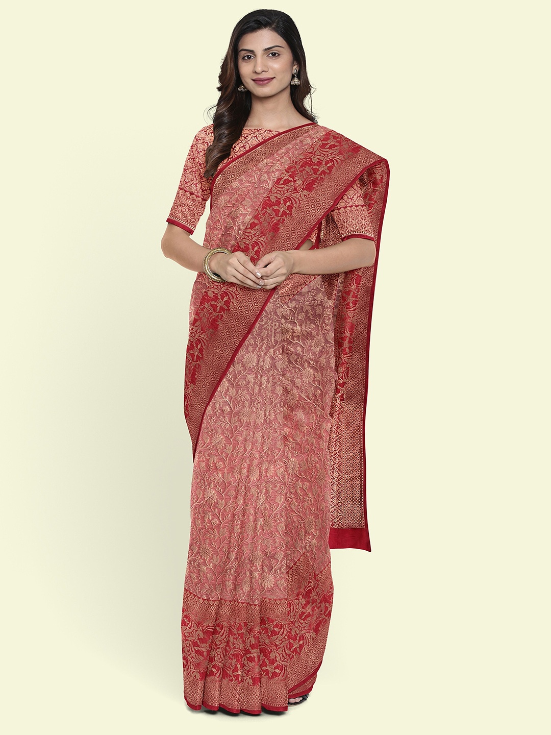 

Muskan Fashion Ethnic Motifs Woven Design Zari Tissue Banarasi Saree, Red