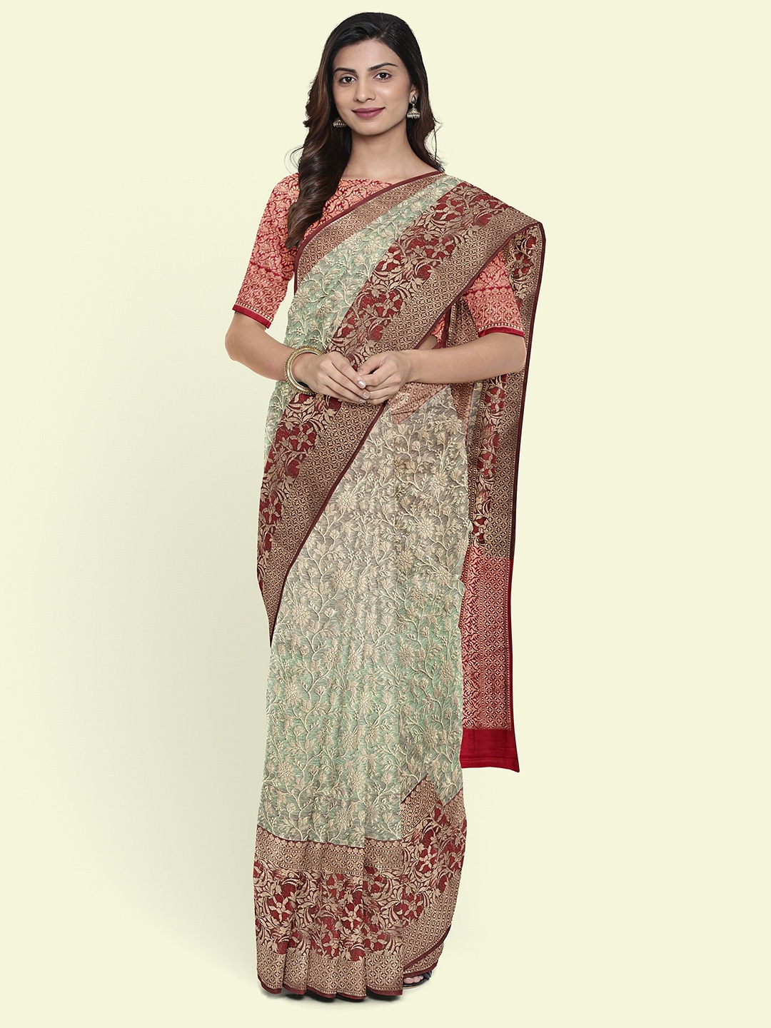 

Muskan Fashion Ethnic Motifs Woven Design Zari Tissue Banarasi Saree, Green