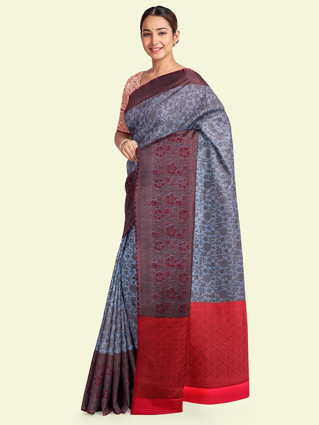 

Muskan Fashion Ethnic Motifs Woven Design Tissue Banarasi Saree, Grey