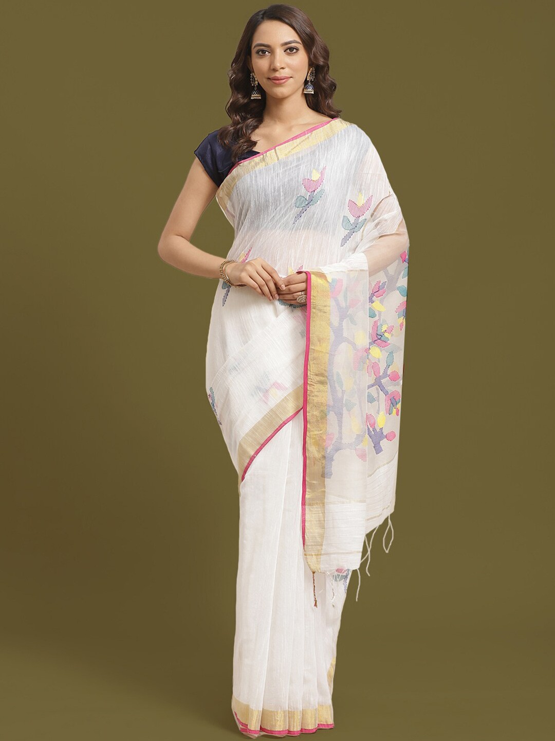 

HOUSE OF ARLI Floral Woven Design Zari Pure Silk Saree, White