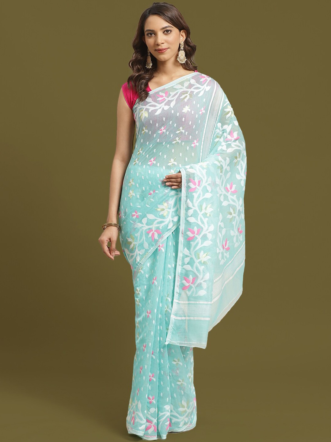 

HOUSE OF ARLI Floral Woven Design Pure Cotton Jamdani Saree, Sea green