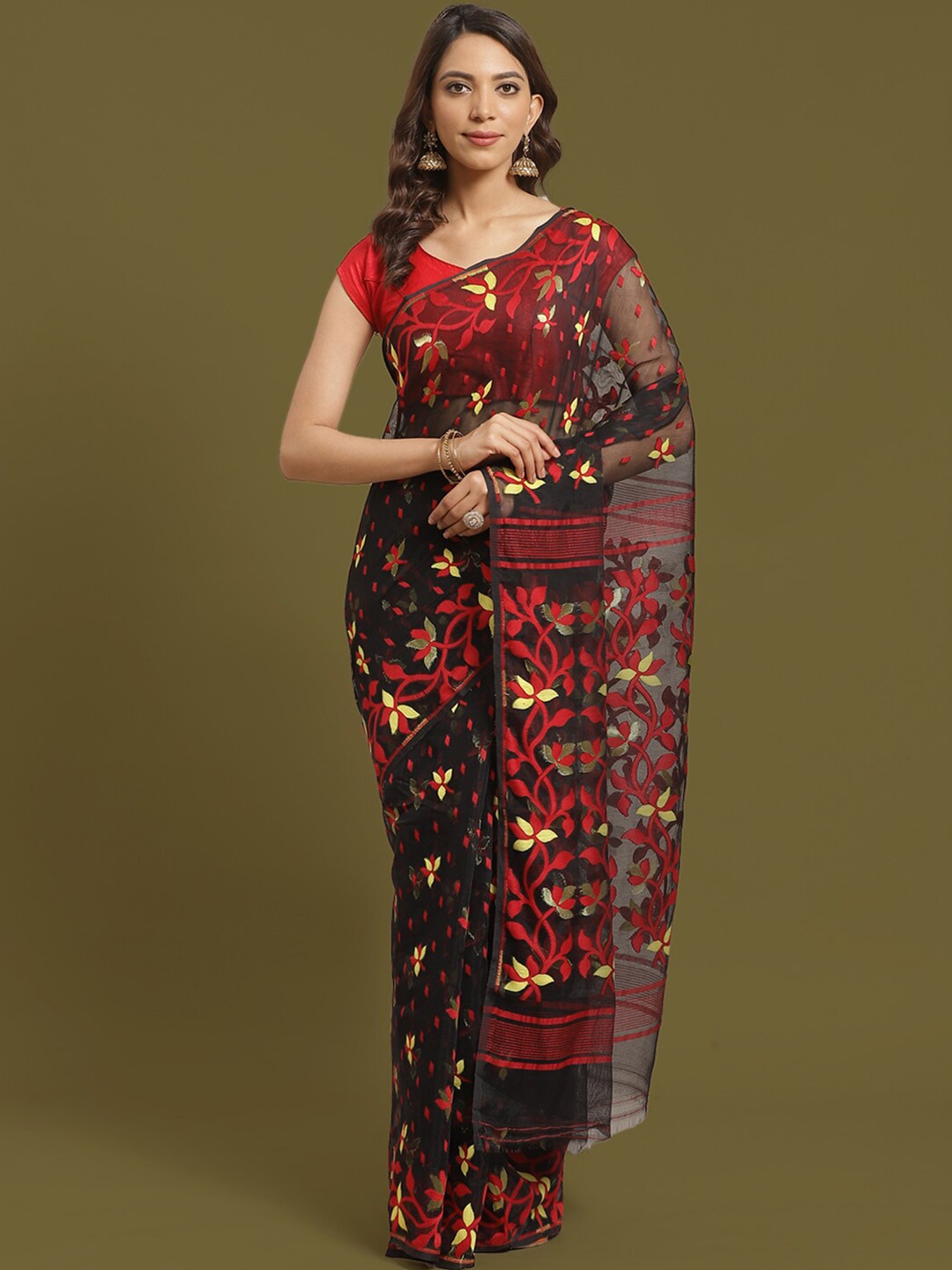 

HOUSE OF ARLI Floral Woven Design Pure Cotton Jamdani Saree, Black