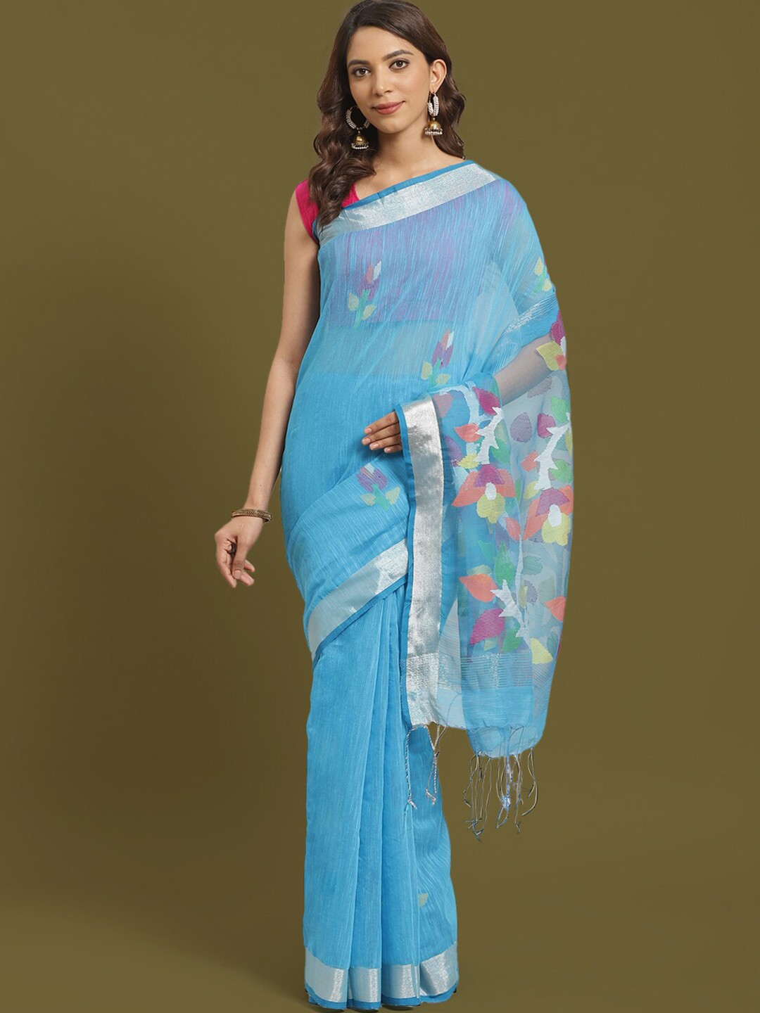 

HOUSE OF ARLI Floral Woven Design Pure Silk Saree, Blue