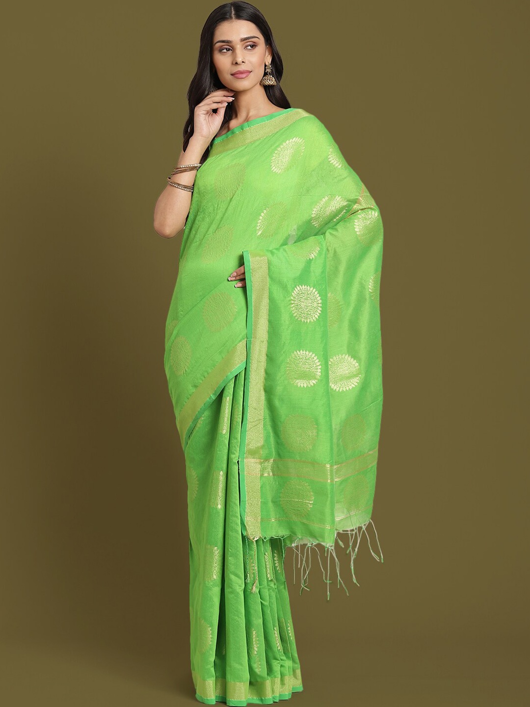 

HOUSE OF ARLI Ethnic Motifs Woven Design Zari Saree, Green