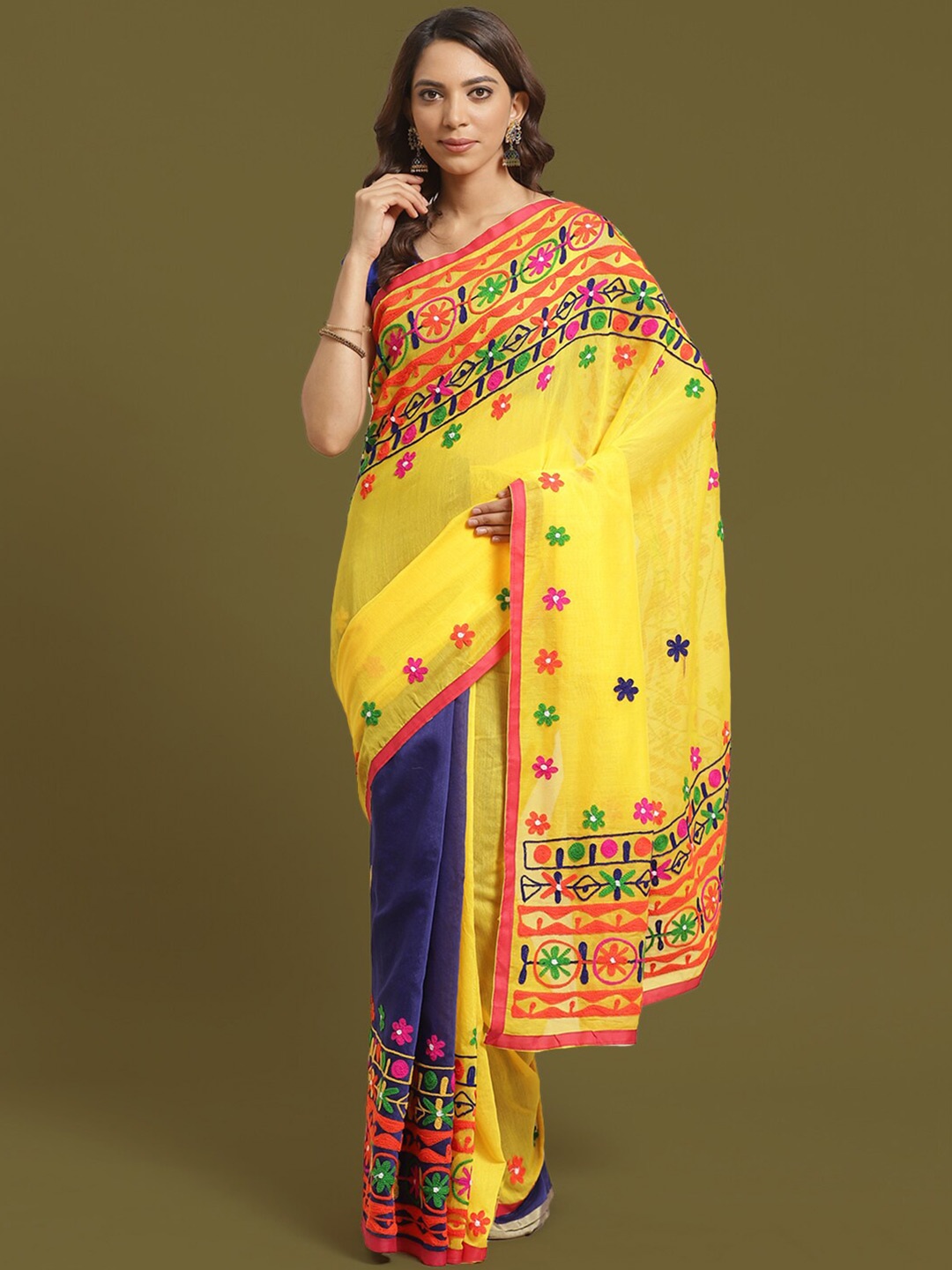 

HOUSE OF ARLI Floral Embroidered Silk Cotton Saree, Yellow