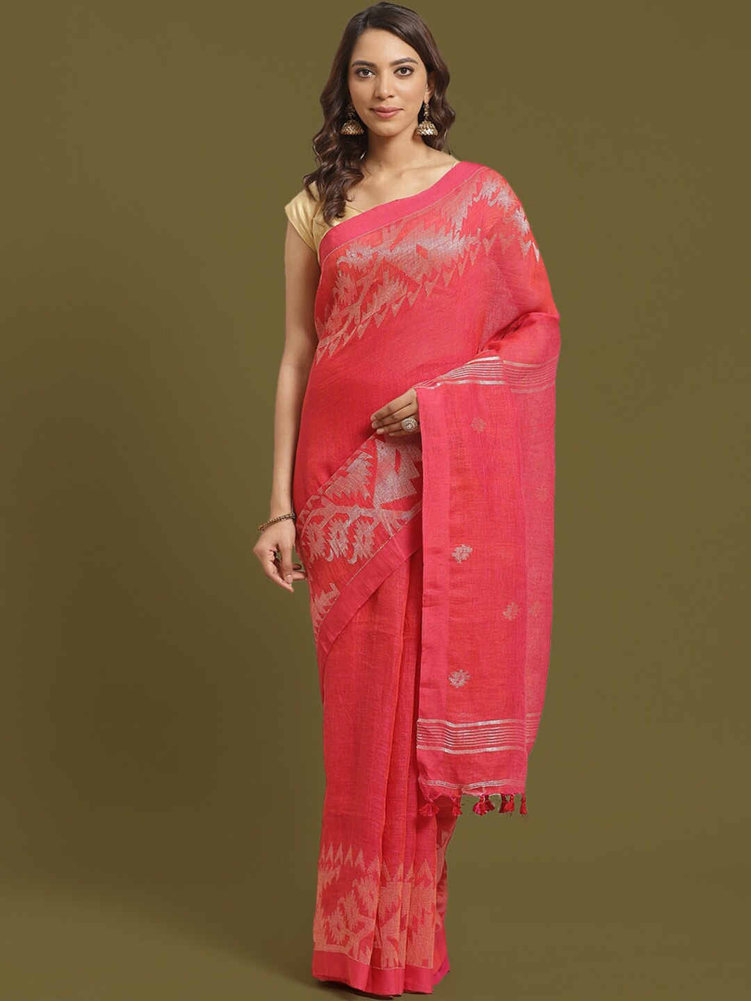 

HOUSE OF ARLI Zari Pure Linen Saree, Pink