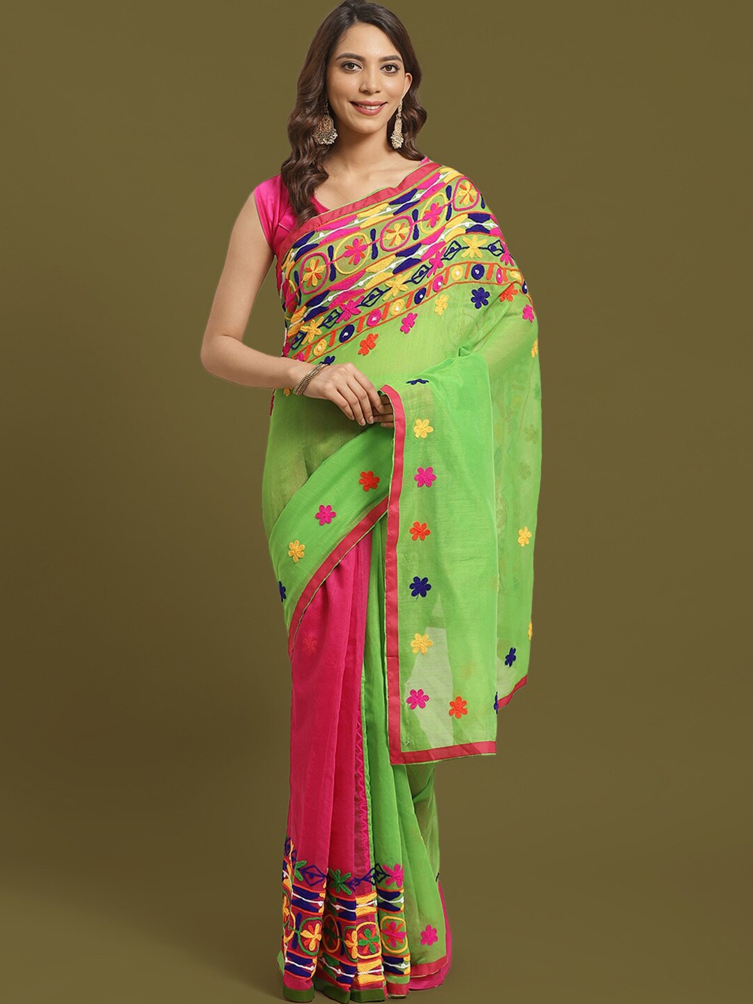 

HOUSE OF ARLI Floral Embroidered Silk Cotton Half and Half Saree, Green