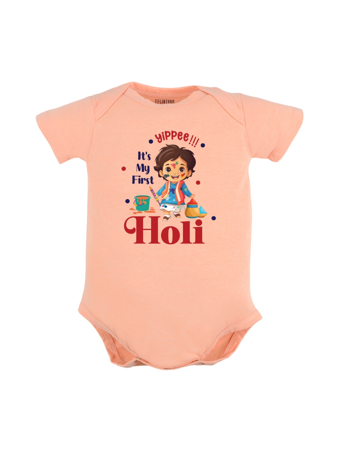 

FFLIRTYGO Kids Printed Cotton Holi Special Bodysuit, Peach