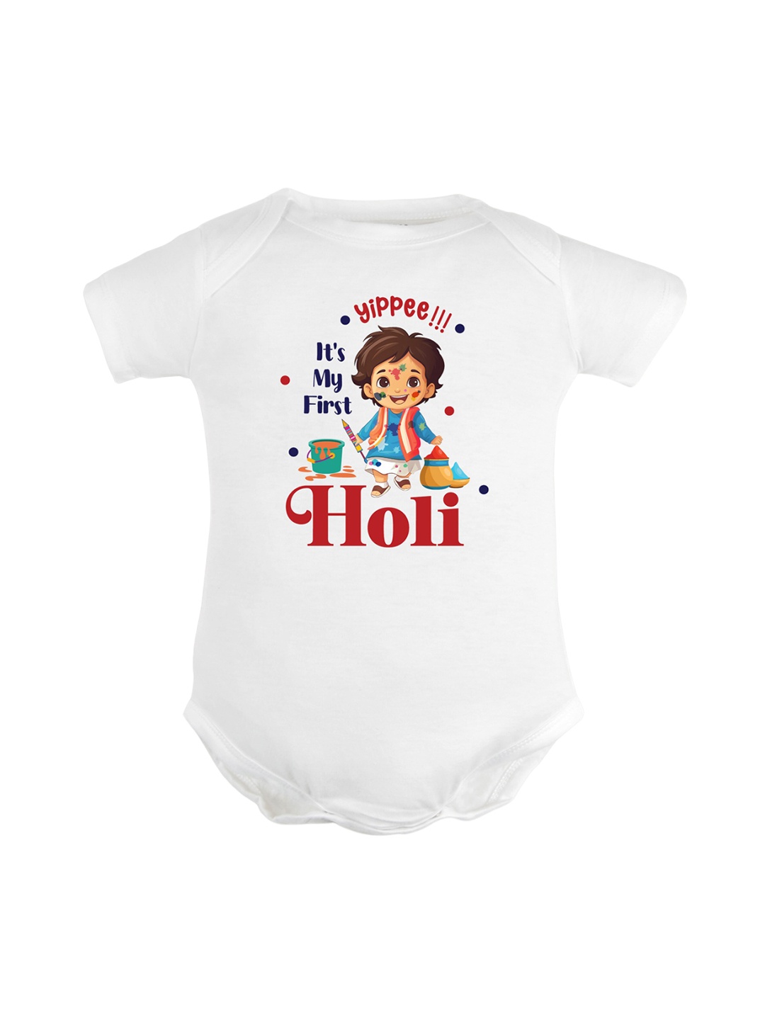 

FFLIRTYGO Kids Printed Cotton Holi Special Bodysuit, White