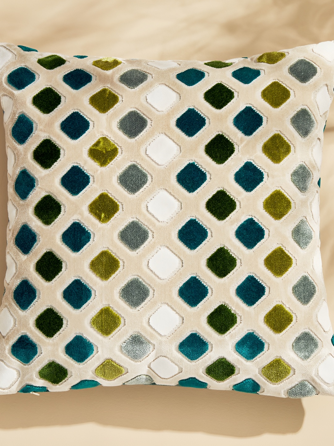 

Home Centre Green & Cream Geometric Embroidered Square Jacquard Cushion Covers