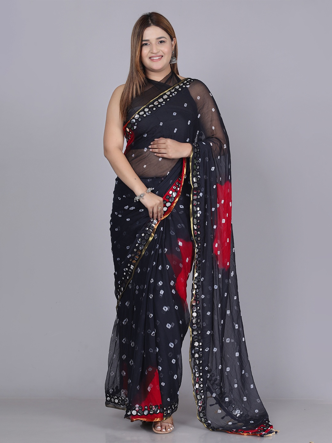 

VL SAREES Bandhani Printed Mirror Work Bandhani Saree, Black