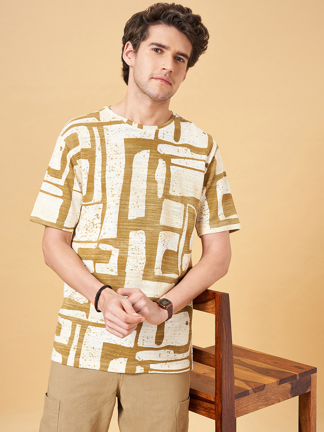 

7 Alt by Pantaloons Abstract Printed Relaxed Fit Cotton T-shirt, Mustard