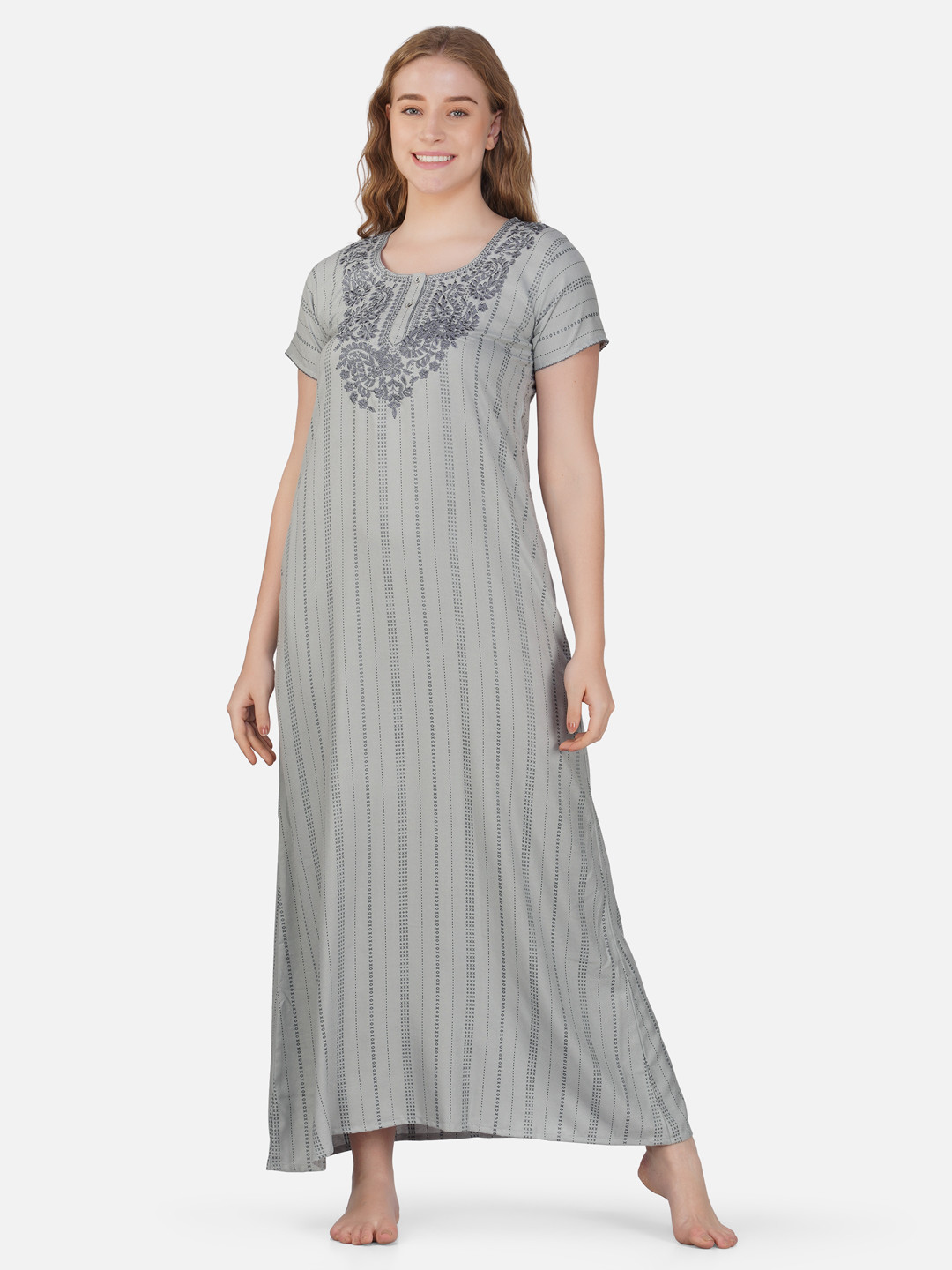 

Sand Dune Striped Embroidered Maxi Nightdress, Grey