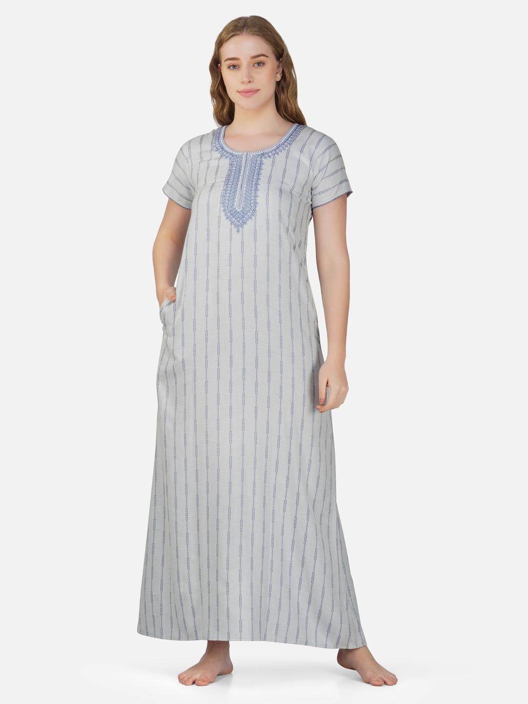 

Sand Dune Striped Embroidered Maxi Nightdress, Blue