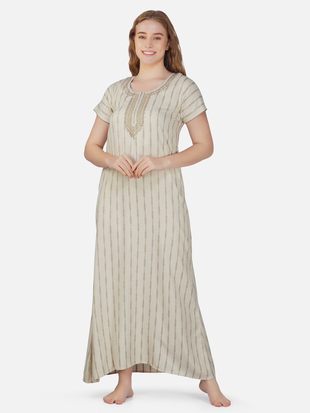 

Sand Dune Striped Embroidered Maxi Nightdress, Cream