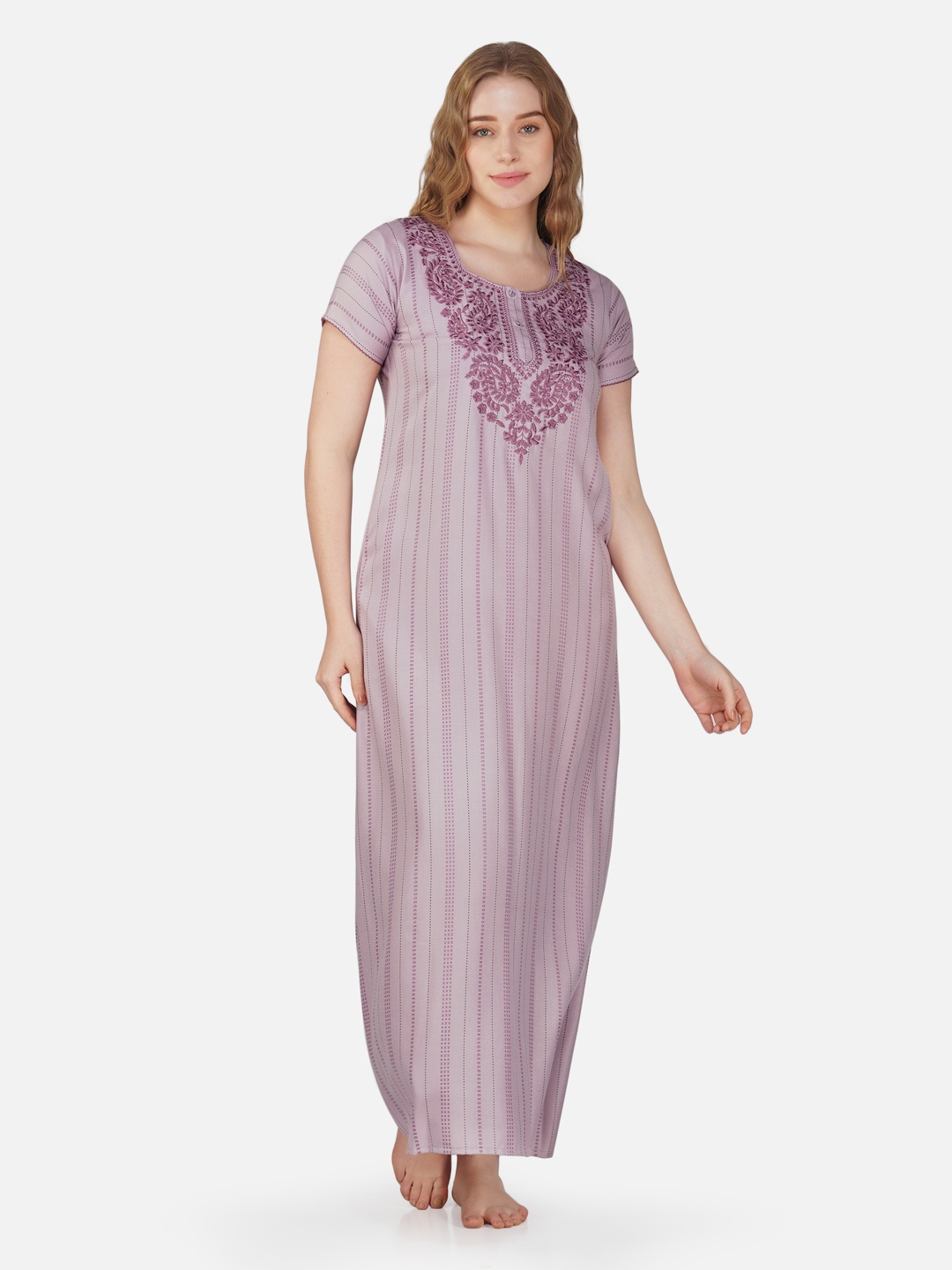 

Sand Dune Striped Embroidered Maxi Nightdress, Purple