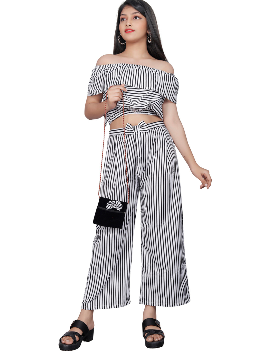

BAESD Girls Striped Off-Shoulder Top With Palazzos, White