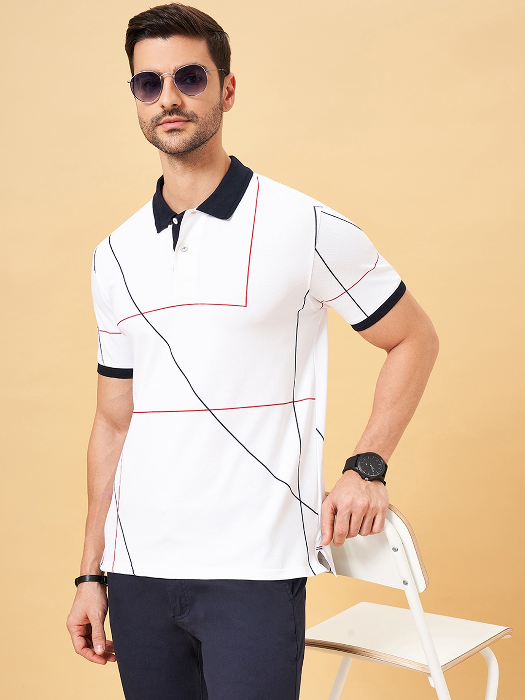 BYFORD by Pantaloons Geometric Printed Polo Collar Slim Fit T-shirt, White