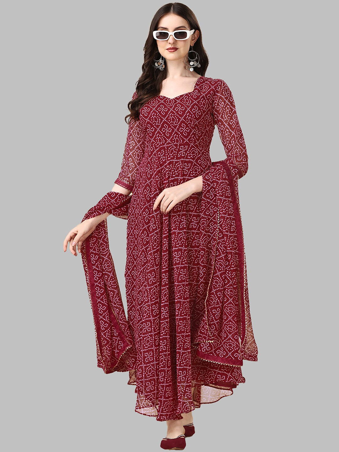 

N N ENTERPRISE Bandhani Printed Gotta Patti Pure Georgette Anarkali Kurta With Dupatta, Red