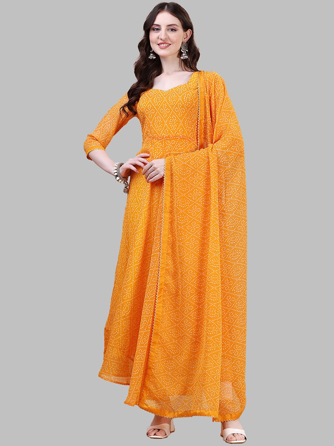 

N N ENTERPRISE Bandhani Printed Gotta Patti Pure Georgette Anarkali Kurta With Dupatta, Yellow