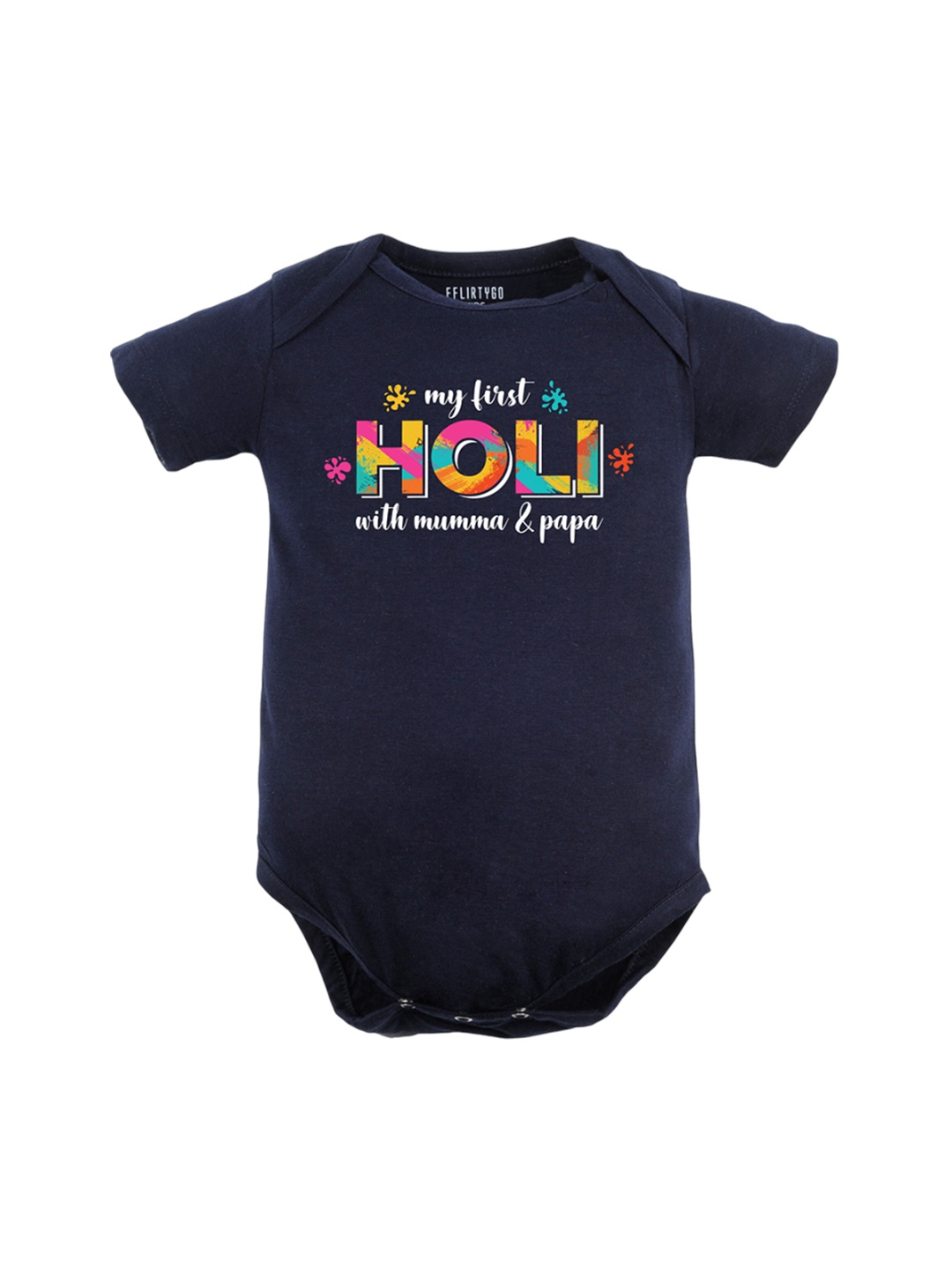 

FFLIRTYGO Infants Typography Printed Holi Special Pure Cotton Bodysuit, Navy blue