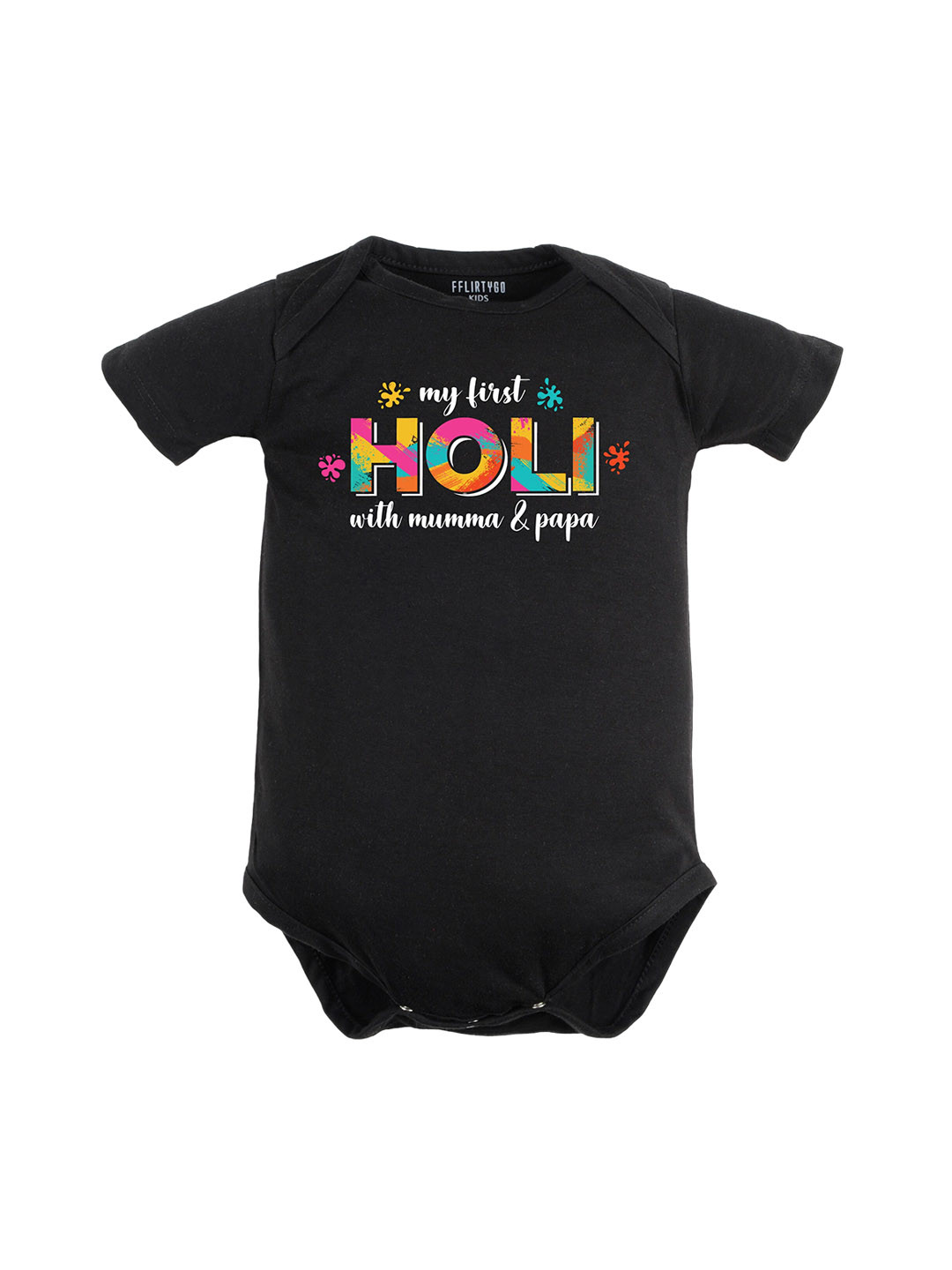 

FFLIRTYGO Infants Holi Printed Pure Cotton Bodysuit, Black