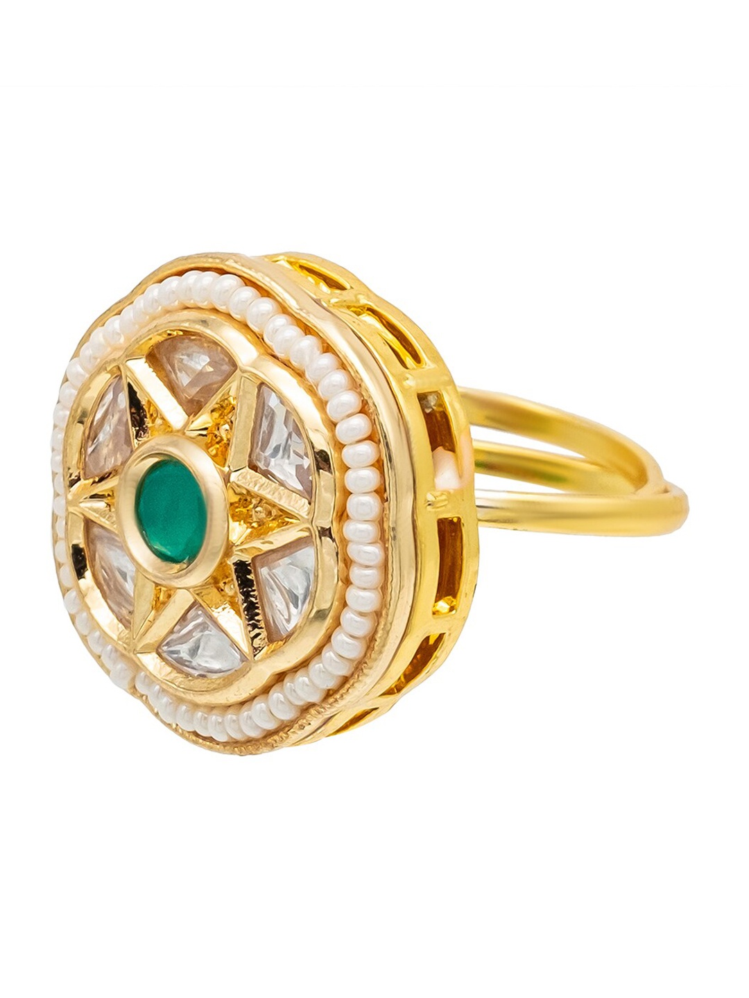 

Shining Jewel - By Shivansh Gold-Plated Kundan-Studded & Pearl-Beaded Finger Ring