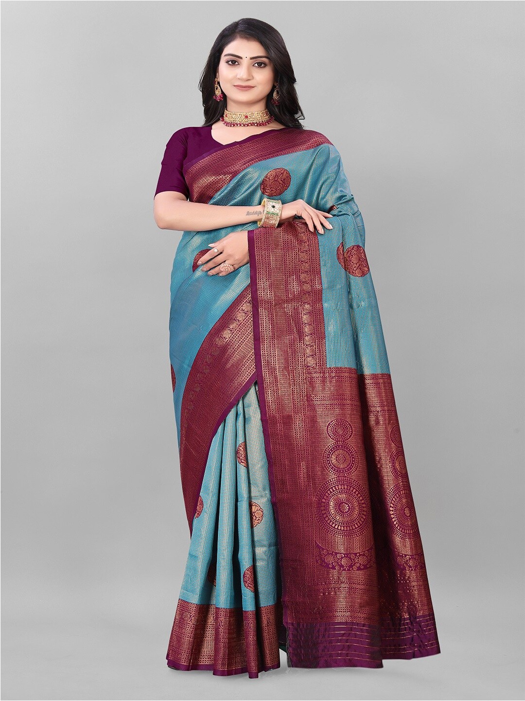 

faxofab Ethnic Motifs Woven Design Zari Kanjeevaram Saree, Blue