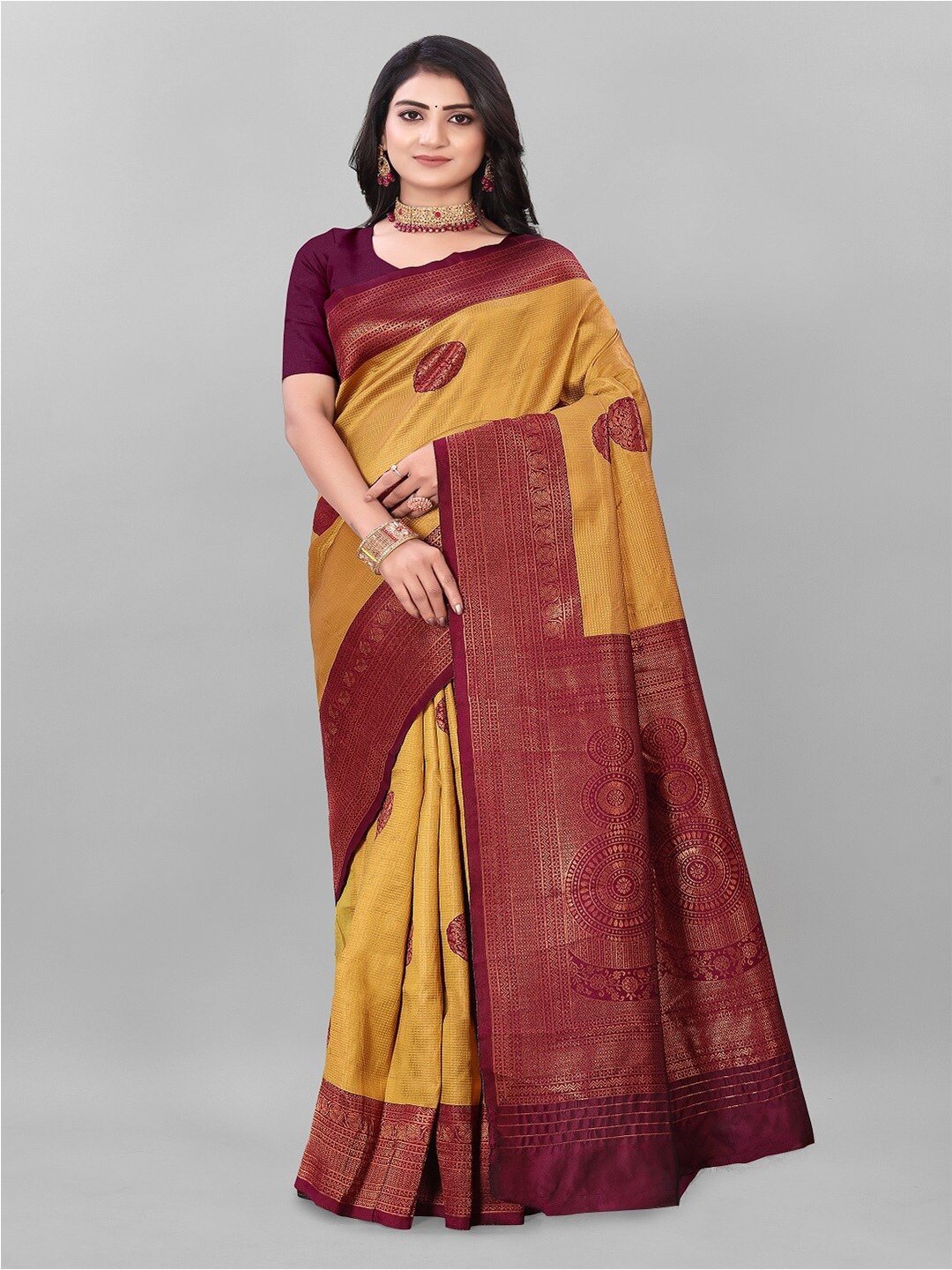 

faxofab Ethnic Motifs Woven Design Zari Kanjeevaram Saree, Mustard