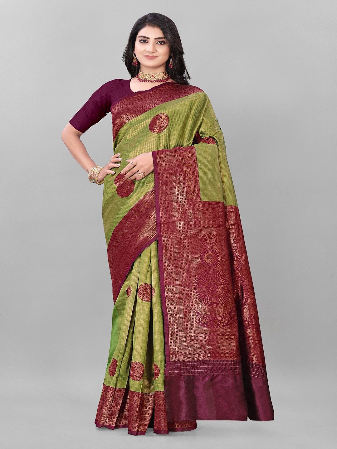 

faxofab Ethnic Motifs Woven Design Zari Kanjeevaram Saree, Sea green