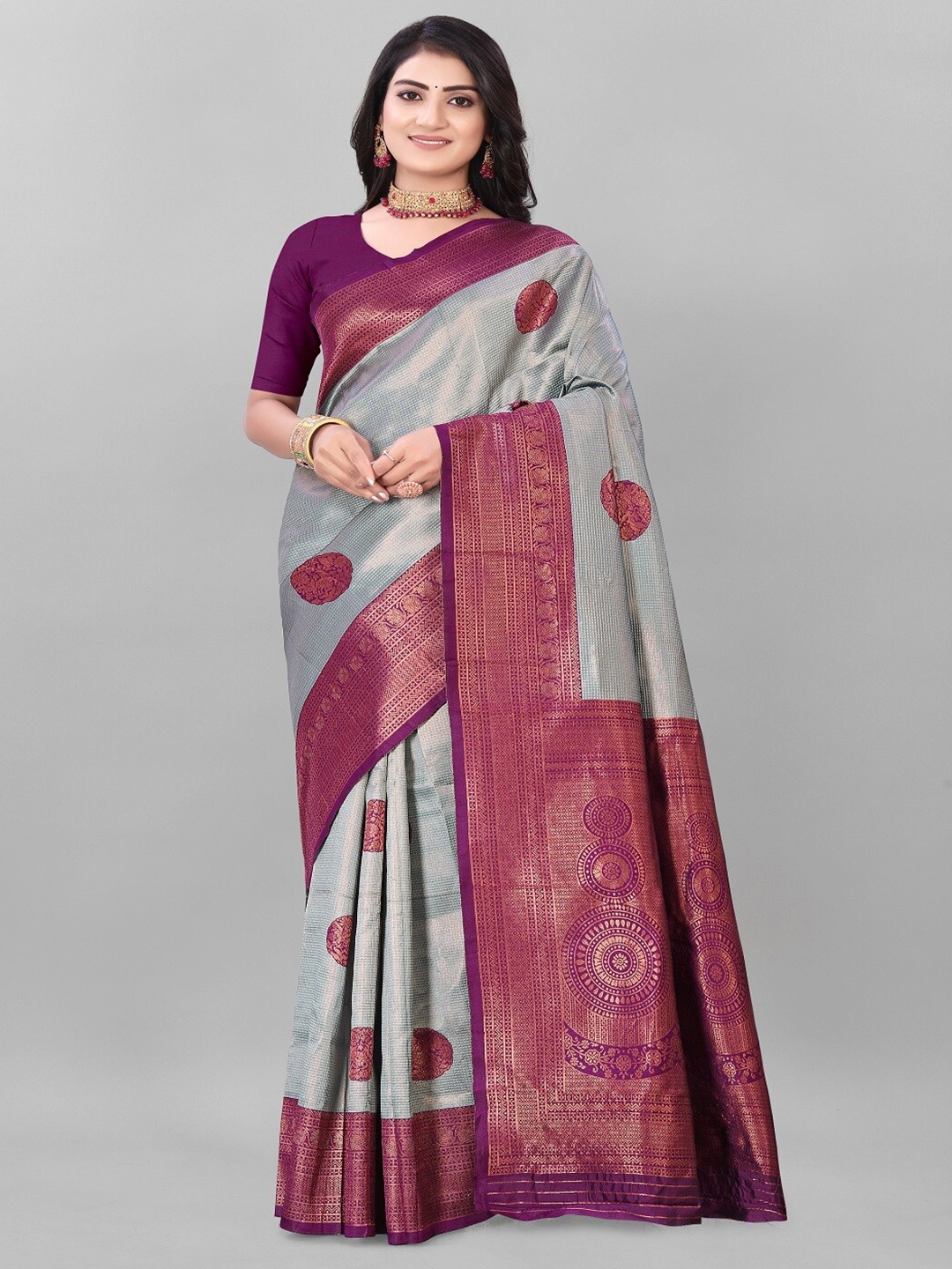 

faxofab Ethnic Motifs Woven Design Zari Kanjeevaram Saree, Grey