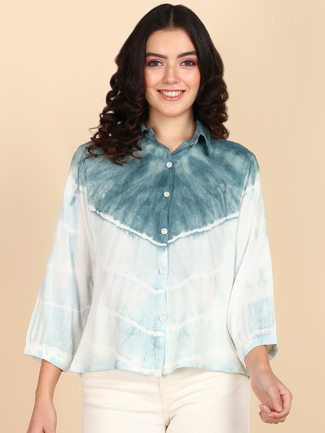 

Maaesa Tie- Dye Printed Relaxed Long Sleeves Casual Shirt, Sea green