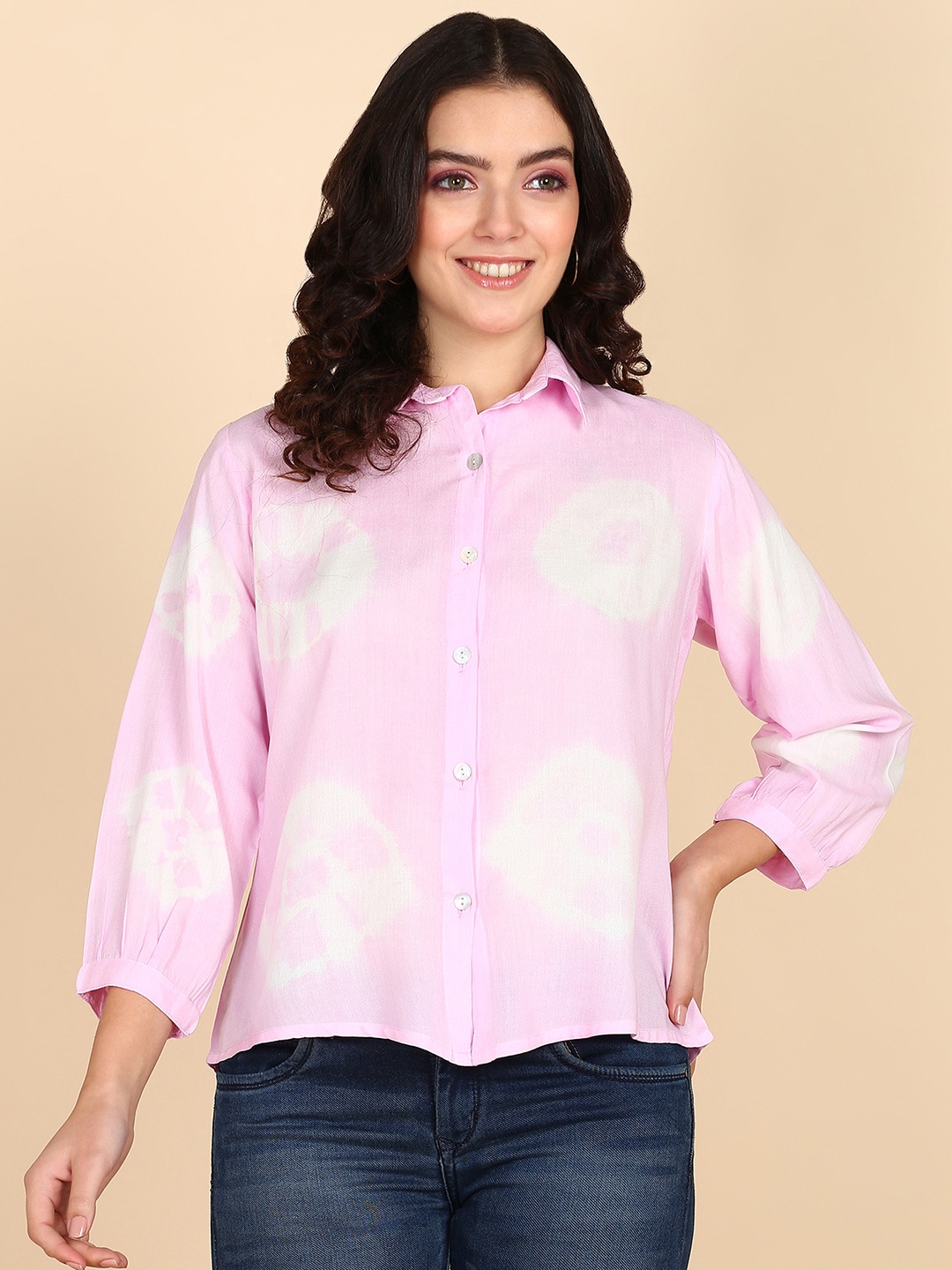 

Maaesa Tie- Dye Printed Relaxed Long Sleeves Casual Shirt, Coral