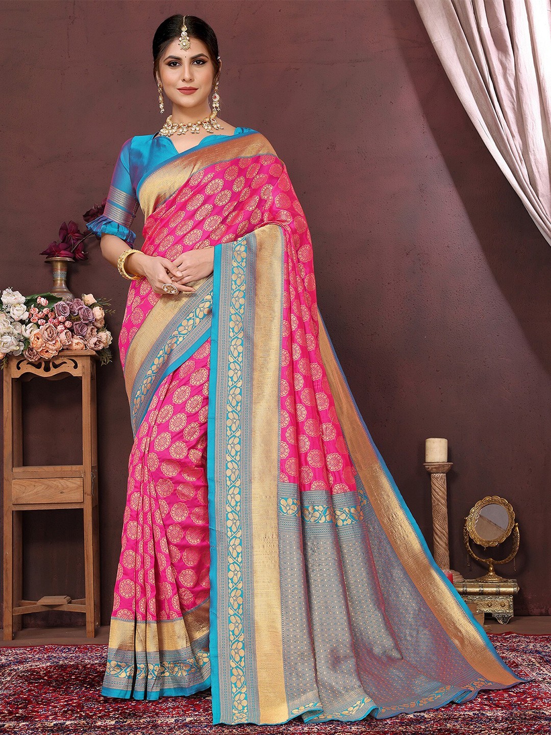 

KALINI Ethnic Motifs Woven Design Zari Banarasi Saree, Pink