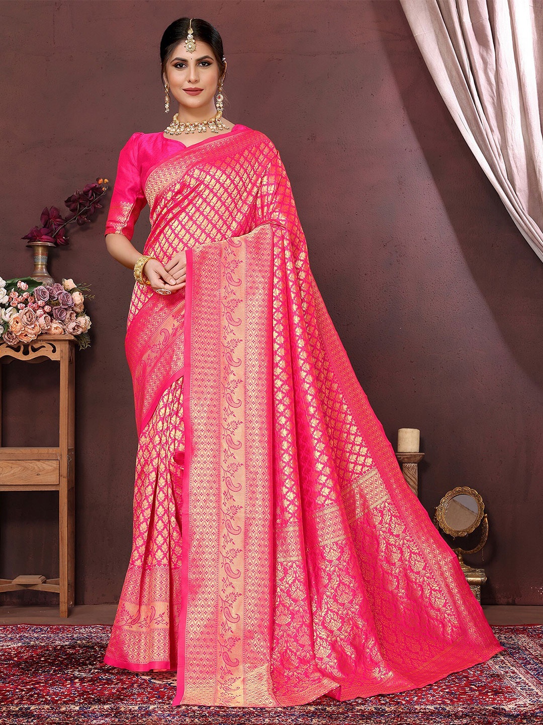 

KALINI Ethnic Motifs Woven Design Zari Banarasi Saree, Pink