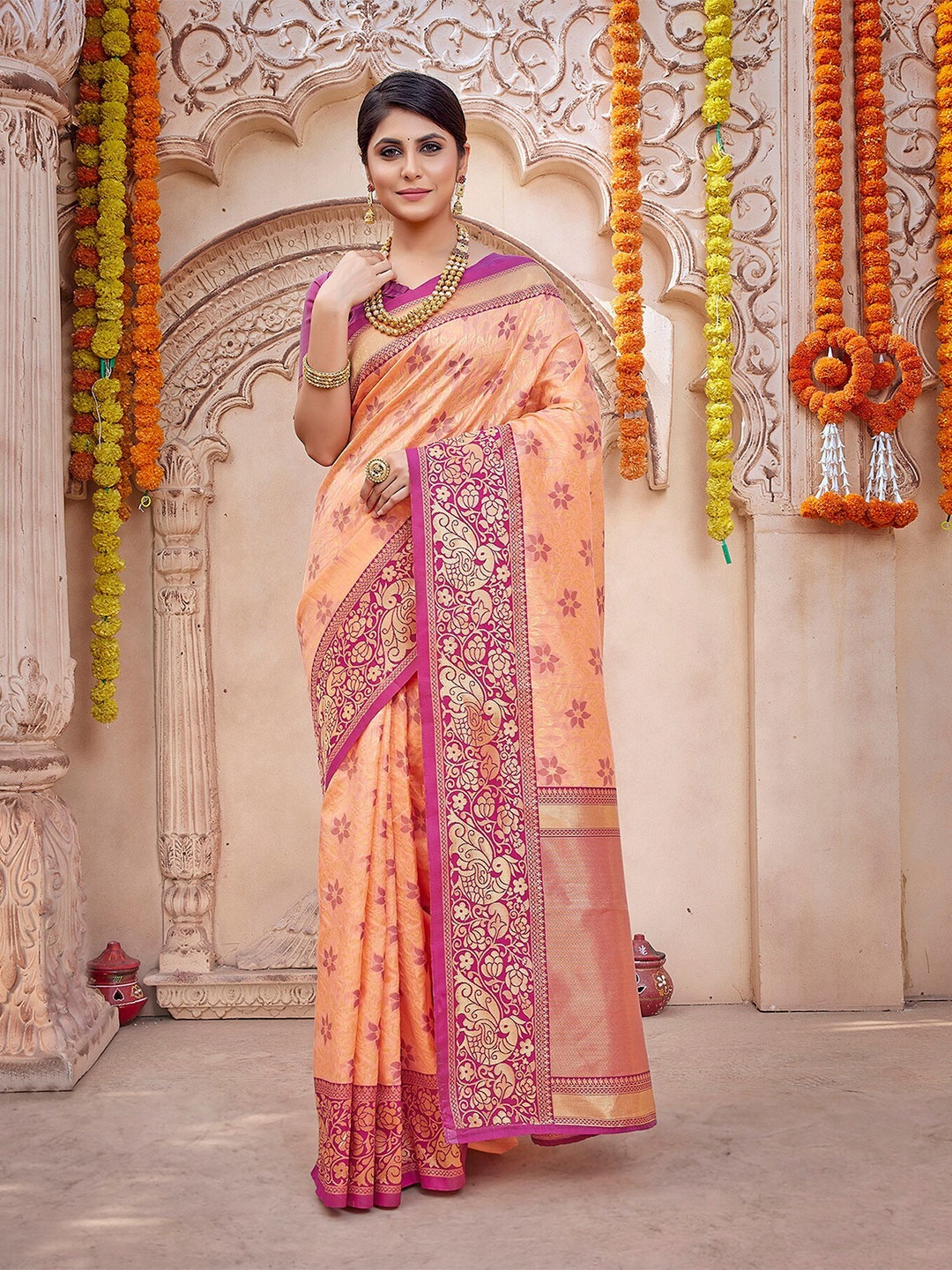 

KALINI Ethnic Floral Zari Banarasi Saree, Peach