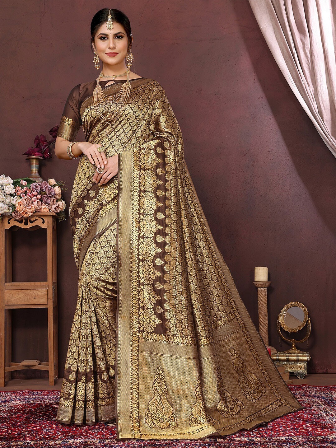 

KALINI Ethnic Woven Design Zari Banarasi Saree, Brown