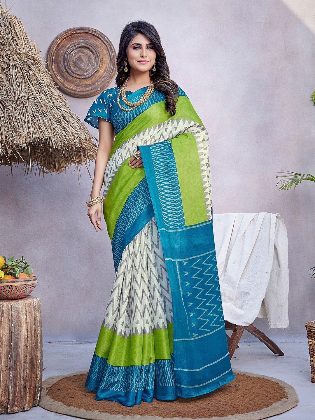 

KALINI Geometric Printed Mysore Silk Saree, Teal