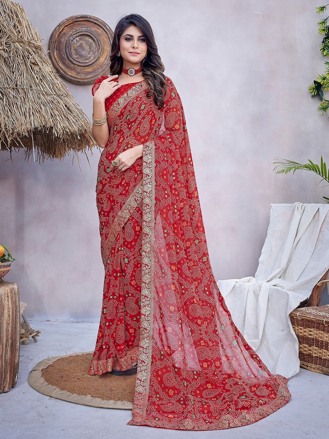 

KALINI Bandhani Printed Saree, Red