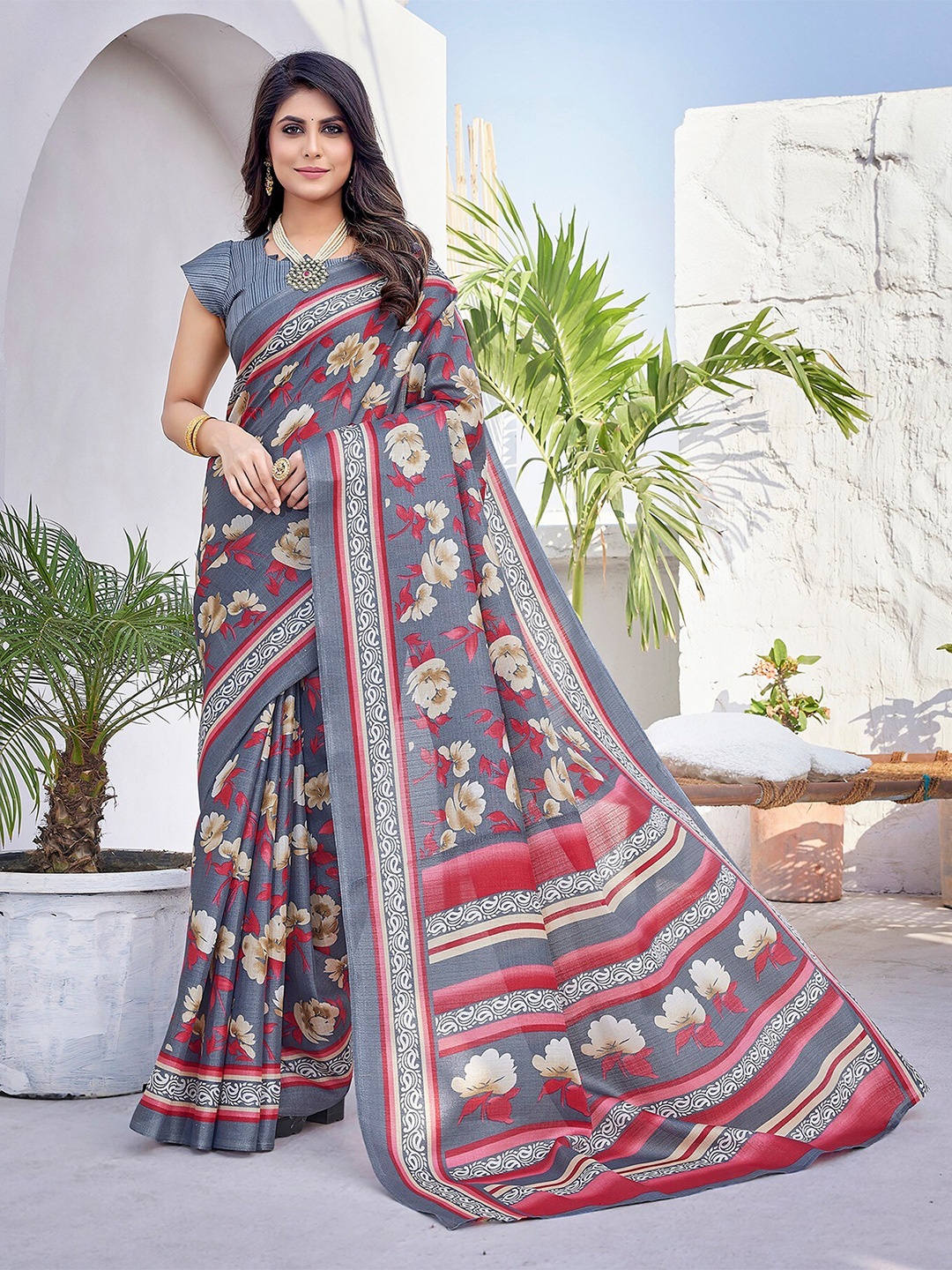 

KALINI Floral Printed Mysore Silk Saree, Grey