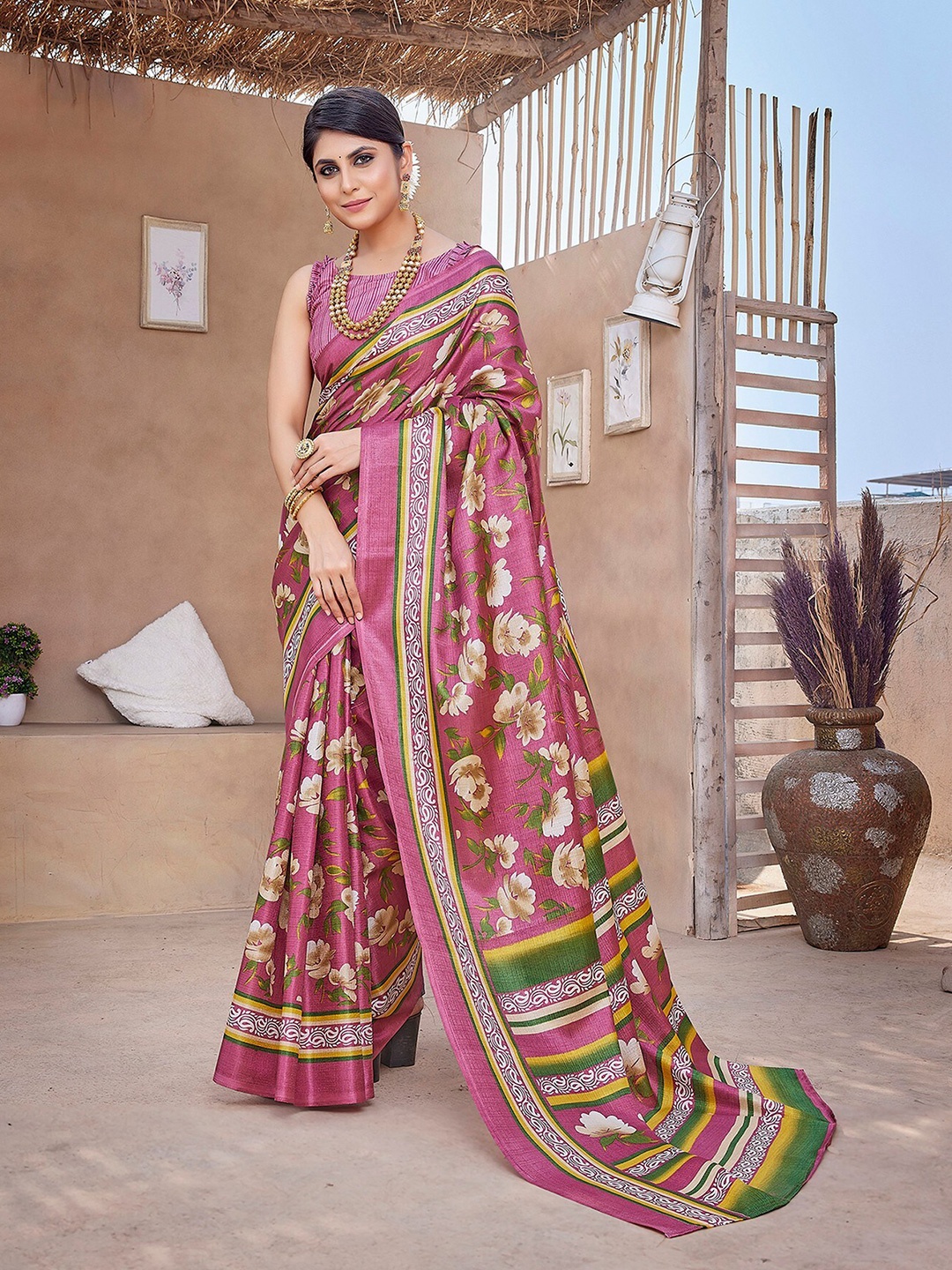 

KALINI Floral Printed Mysore Silk Saree, Pink