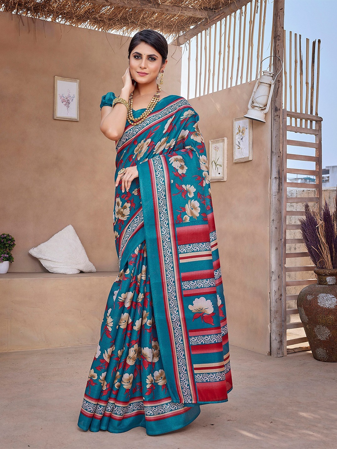

KALINI Floral Art Silk Saree, Teal