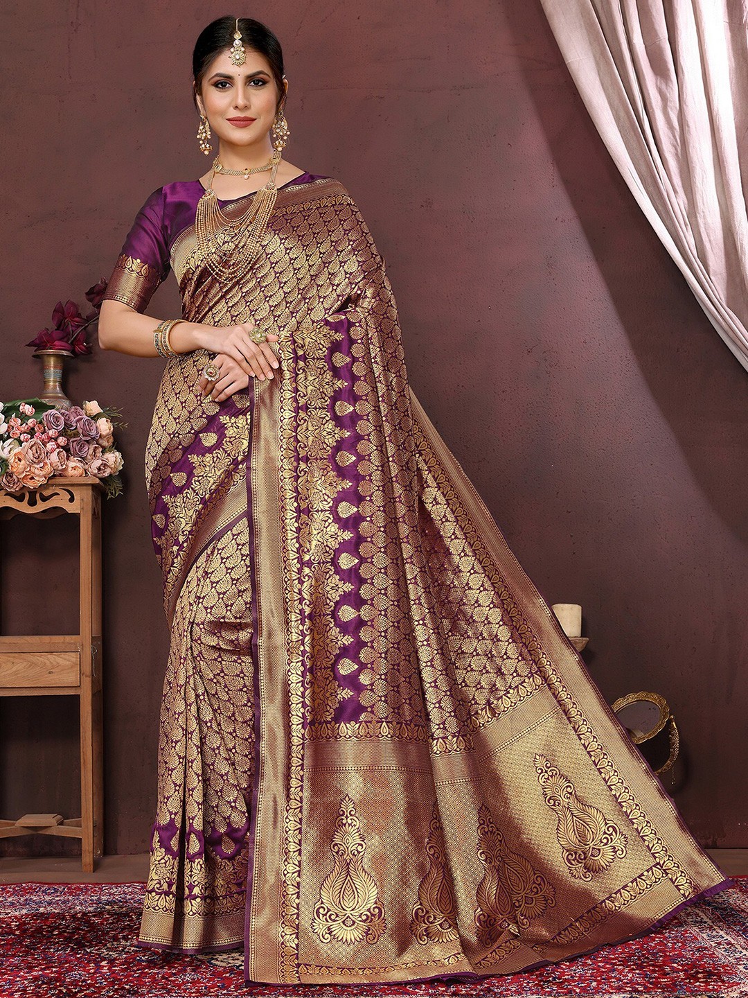 

KALINI Ethnic Woven Design Zari Banarasi Saree, Purple