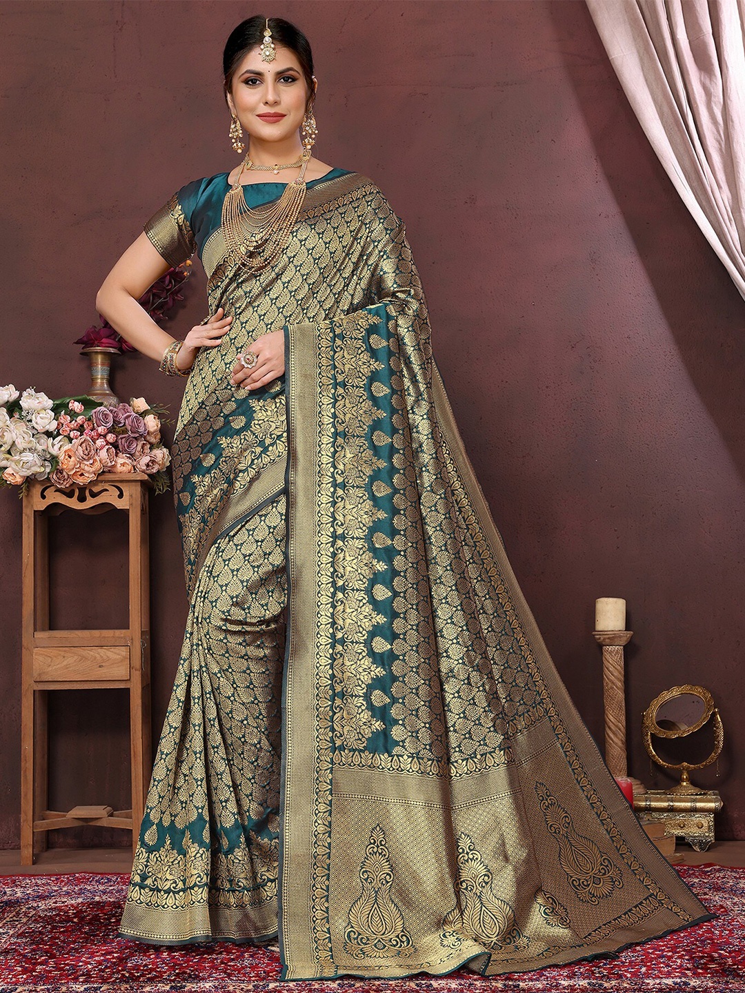 

KALINI Ethnic Motifs Woven Design Zari Banarasi Saree, Teal