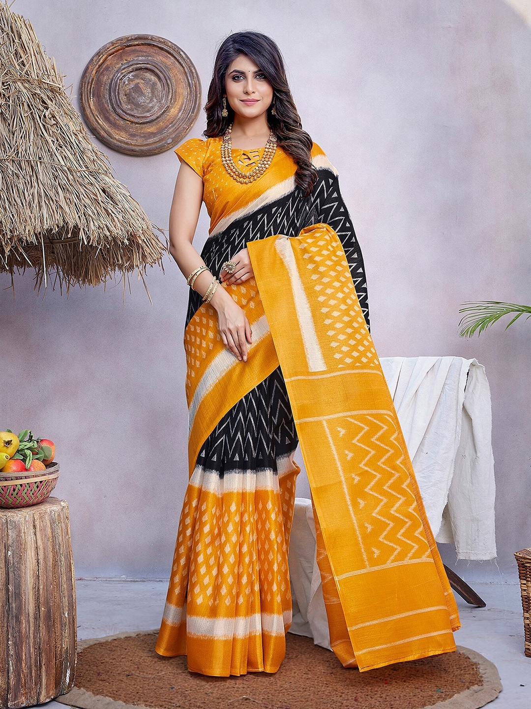 

KALINI Geometric Printed Saree, Mustard