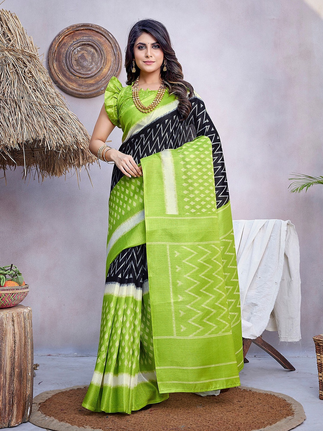 

KALINI Geometric Printed Mysore Silk Saree, Green